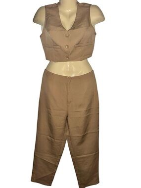 SHEIN Tan Sleeveless Crop Vest with Straight-Leg Pants Set